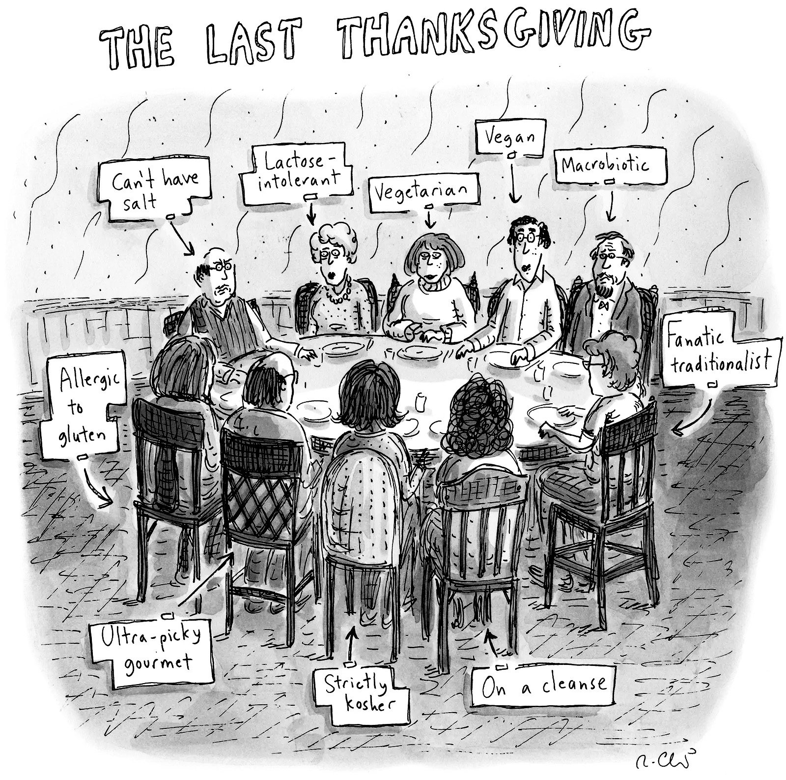 Cartoon by Roz Chast, "The Last Thanksgiving" - people with special diets labeled in the cartoon sit around the Thanksgiving table.